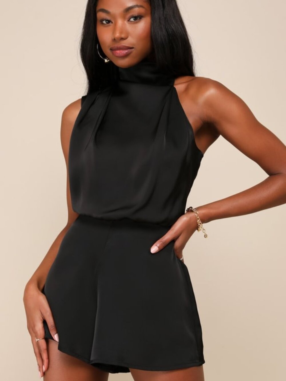 Lulus Advantageous Perfection Black Satin Asymmetrical Romper - Size S